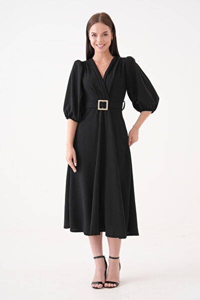lovebox Kadın Krep Kumaş Kruvaze Yaka Taşlı Kemer Detaylı Balon Kol Siyah Midi Elbise 3602