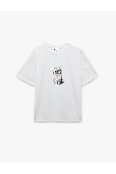 Koton Short Sleeve Crew Neck Cotton Cat Printed Oversize T-Shirt