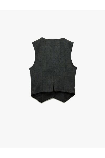 Koton V Neck Sleeveless Buttoned Pocket Checked Blazer Vest