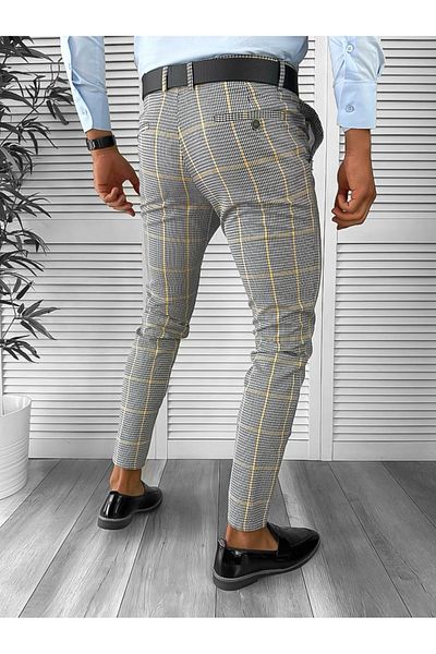 dehaine Men's casual pants, plaid, slim fit, gray, 2019