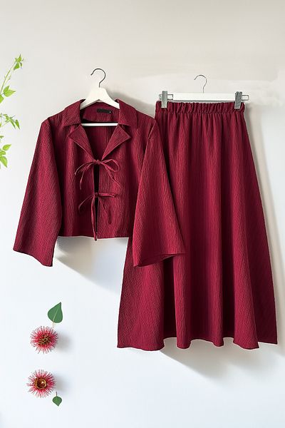 MODAQU Double Breasted Collar Kimono Skirt Suit - Claret Red