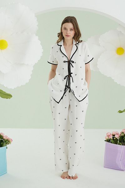 NBB Women's Pajama Set with Ribbon Tie, Pockets, Ecru, 100% Cotton, Short Sleeves