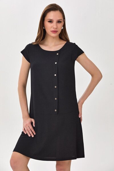 İKİLER Yuvarlak Yaka Önü Çıtçıtlı Krep Elbise