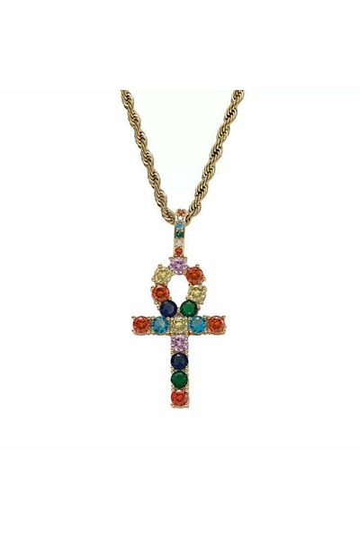 MBrands Colier cu pandantiv ankh, cristale de zirconiu colorate, aur