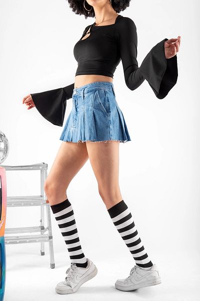 Bak Moda Fusta mini plisată de bază albastră denim