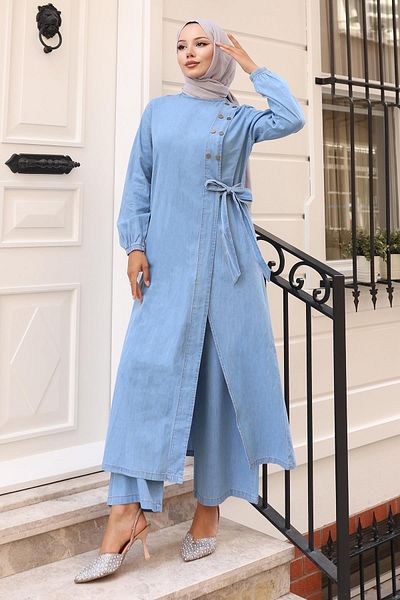 Modamihram Snap Detailed Denim Suit Light Blue 19262