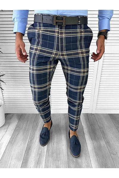 dehaine Men's casual pants, plaid, slim fit, Navy blue, B1742