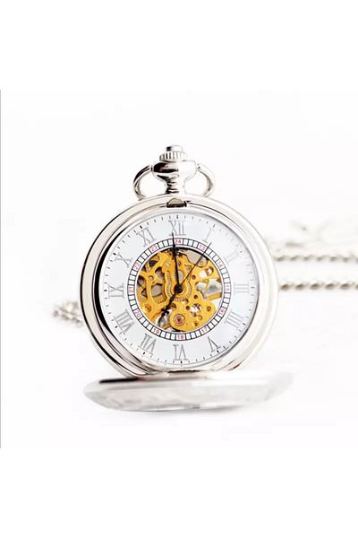 MBrands Pocket Watch, Skeleton Mechanical, With Chain, Vintage Style Silver