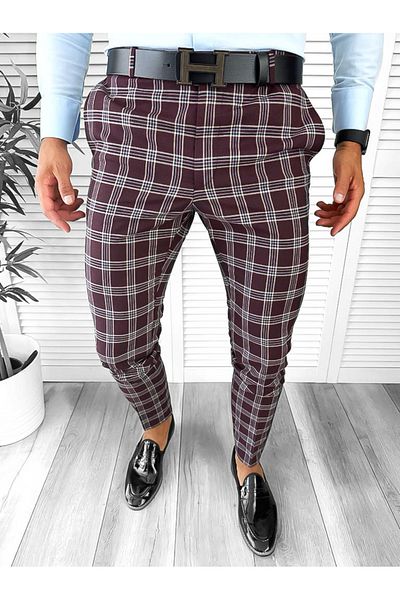 dehaine Men's casual pants, plaid, slim fit, burgundy, B1626