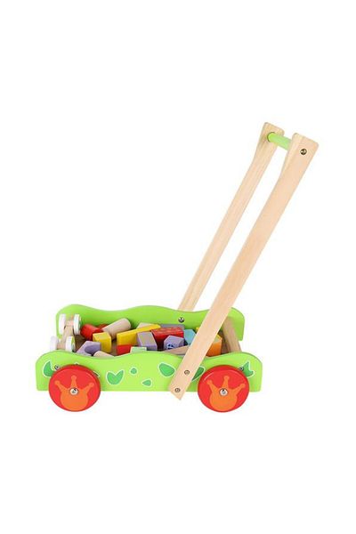 ideal STORE Antepremergator educativ din lemn pentru copii si carucior pentru cuburi 20 piese, Verde
