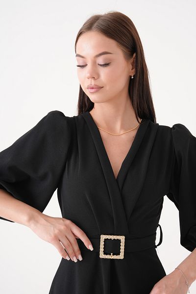 lovebox Women's Crepe Fabric Double Breasted Collar Stone Belt Detailed Balloon Sleeve Black Midi Dress 3602
