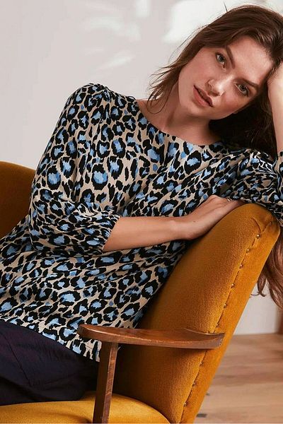 Tchibo Women Bateau Neck 3/4 Sleeve Printed Blouse, Blue Combo
