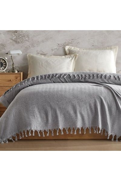 Viaden Pled cu ciucuri din bumbac reciclat 200x220cm, Berlino Gri deschis
