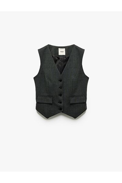 Koton V Neck Sleeveless Buttoned Pocket Checked Blazer Vest