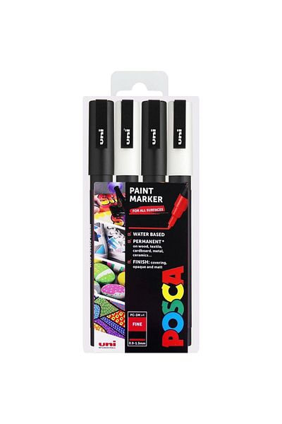 Uni Posca Pc-3M 0.9-1.3mm Marker Acrylic Painting Pen Set of 4 Black and White