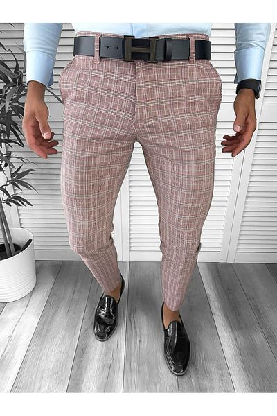 dehaine Men's casual pants, plaid, slim fit, Red, 7156