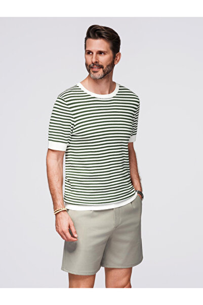 OMBRE Gestricktes Herren-T-Shirt mit navyfarbenen Streifen und durchbrochener...