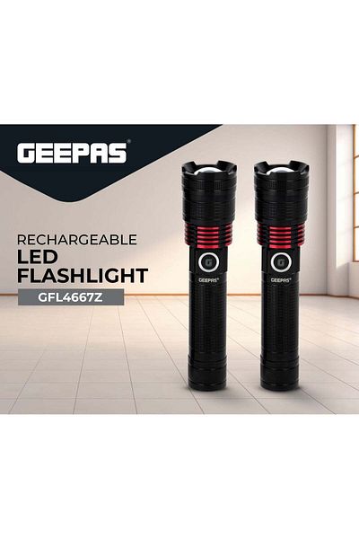 Geepas 2 Pcs Rechargeable LED Flash Light | 15W High Power LED | Aluminium Alloy Body | Li-ion 3.7V