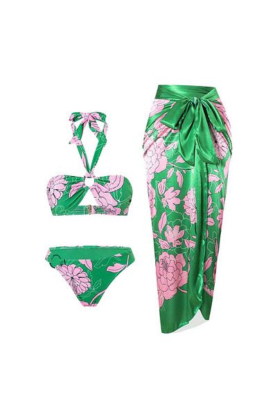 Eros Zone Premium 2 Piece Swimsuit With Skirt, Floral Mirage, Floral Print, Size M, Green-pink