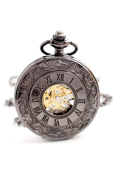 MBrands Pocket Watch, Skeleton Mechanical, With Chain, Vintage Style Black