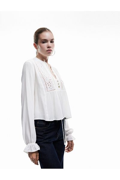 Koton Viscose Long Sleeve Tie Detail Button V Neck Fisto Blouse
