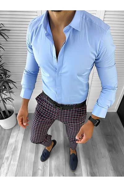 dehaine Men's casual pants, plaid, slim fit, Navy blue, 10061