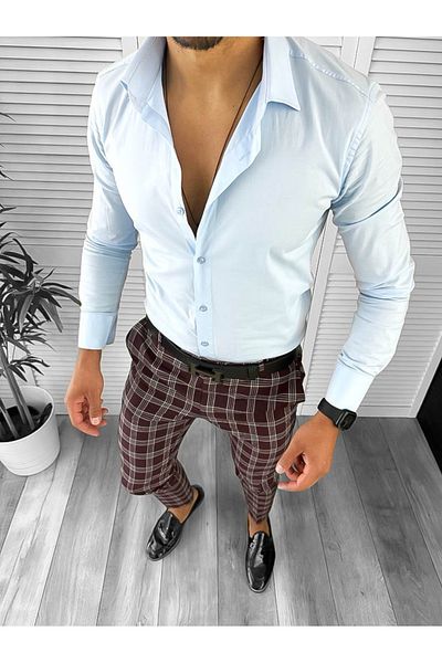 dehaine Men's casual pants, plaid, slim fit, burgundy, B1626