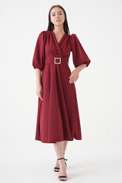 lovebox Women's Crepe Fabric Double Breasted Collar Stone Belt Detailed Balloon Sleeve Burgundy Midi Dress 3602