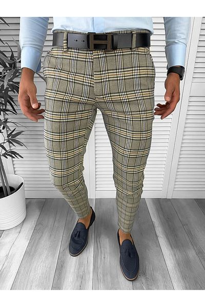 dehaine Men's casual pants, plaid, slim fit, brown, 12736