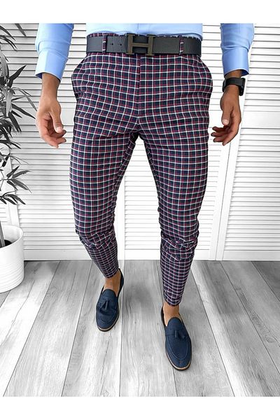 dehaine Men's casual pants, plaid, slim fit, Navy blue, 10061