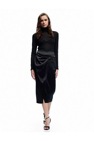 Koton Double Breasted Slit Detailed Slim Fit Satin Midi Skirt