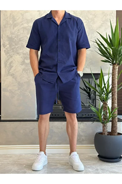 ECARTS Men's Relaxed Cut Raw Linen Bottom Top Shorts Suit Navy Blue Eca020