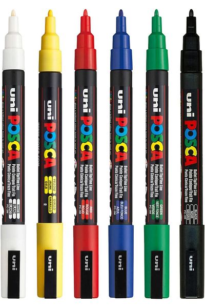 Uni Posca Pc-3M 0.9-1.3mm Marker Acrylic Painting Pen Set of 6 Basic Colors