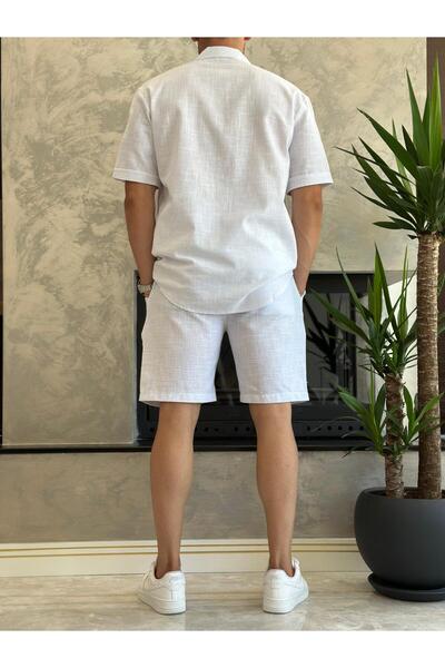 ECARTS Men's Relaxed Cut Raw Linen Bottom Top Shorts Suit White Eca020