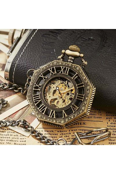 MBrands pocket watch, black with blue, skeleton, Mechanical, with chain, Vintage , bronze octagon