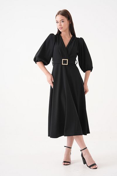 lovebox Women's Crepe Fabric Double Breasted Collar Stone Belt Detailed Balloon Sleeve Black Midi Dress 3602
