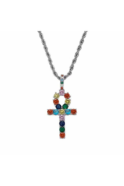 MBrands Colier cu pandantiv ankh, cristale de zirconiu colorate din argint