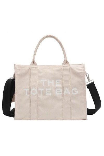 Blusmart Women's Canvas Bag, Shopper Type, M, The Tote Bag Logo Print, Beige