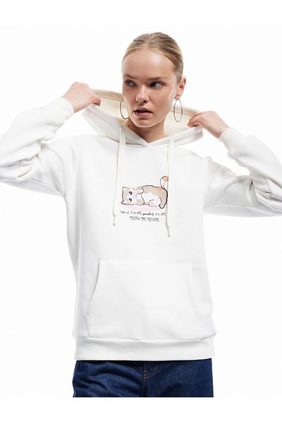 Koton Three Thread Raised Kangaroo Pocket Detailed Cat Printed Hooded Sweatshirt