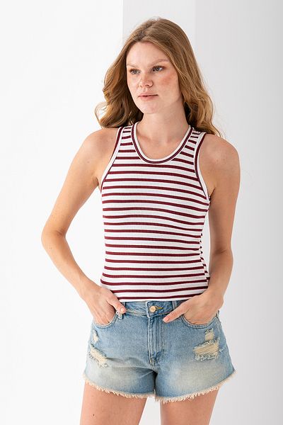 GİYSA Women's Crew Neck Striped Basic Body Claret Red - 25510