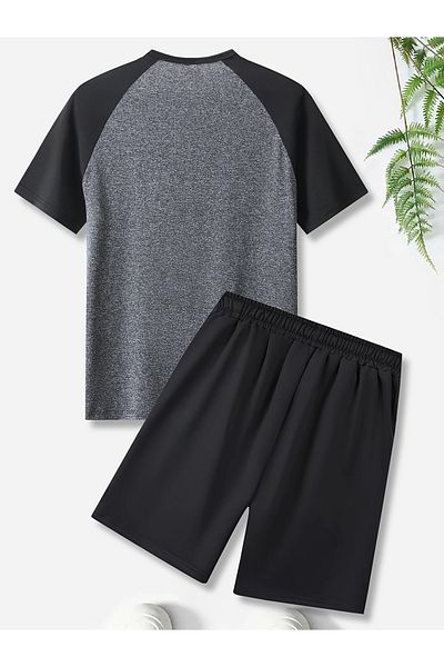 LUNAVISTA Boys 2-piece outfit, boys' short sleeve round neck henley shirt and simple Printed shorts