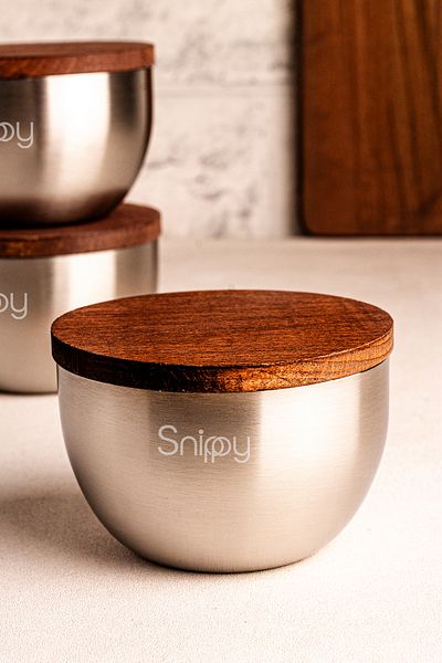 Snippy Steelora - 6-Piece Wooden Vacuum Lid Stainless Steel Breakfast Multi-Purpose Snack Bowl 300 ml