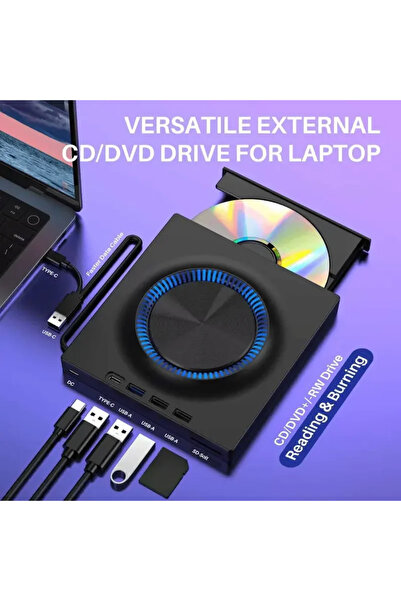 TeknoFaji Harici CD/DVD Sürücü USB 3.0 Type-C CD DVD Yazıcı SD/TF ve USB Yuva...