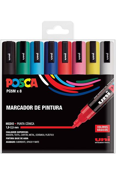 Uni Posca Pc-5M 1.8-2.5mm Marker Acrylic Painting Pen Set of 8 Basic Colors