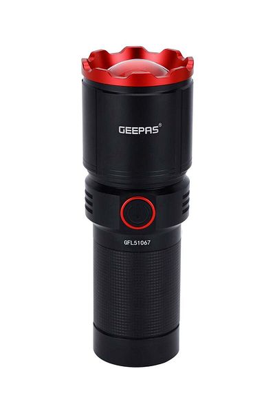 Geepas Rechargeable LED Flashlight With Power Bank, 15 Hrs Working Time, Power Reminder