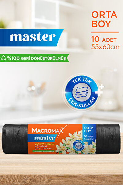 MACRO MAX Master Büzgülü Çöp Torbası Orta Boy (55x60cm) Vanilya Kokulu 10 Adet Süper Ekonomik Paket