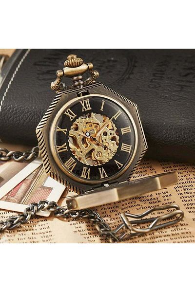 MBrands pocket watch, black with blue, skeleton, Mechanical, with chain, Vintage , bronze octagon