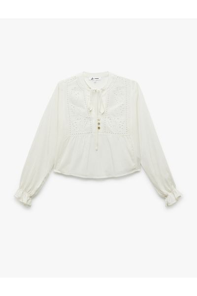 Koton Viscose Long Sleeve Tie Detail Button V Neck Fisto Blouse