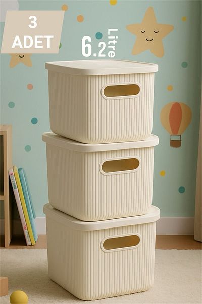 Bayev Colors Cream 3 Pieces 6 Lt Closet Organizer Organizer Toy Box Storage Box with Lid
