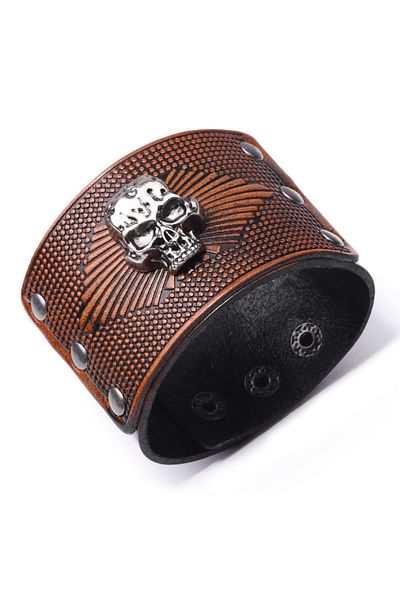 MBrands punk bracelet made of genuine leather with skull, clasp closure, Brown